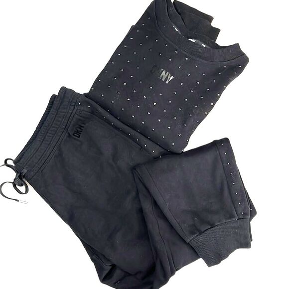 DKNY Sport 2 Piece Embellished Jogger + Pullover Fleece OutFit Black Size Xsmall - Picture 2 of 16